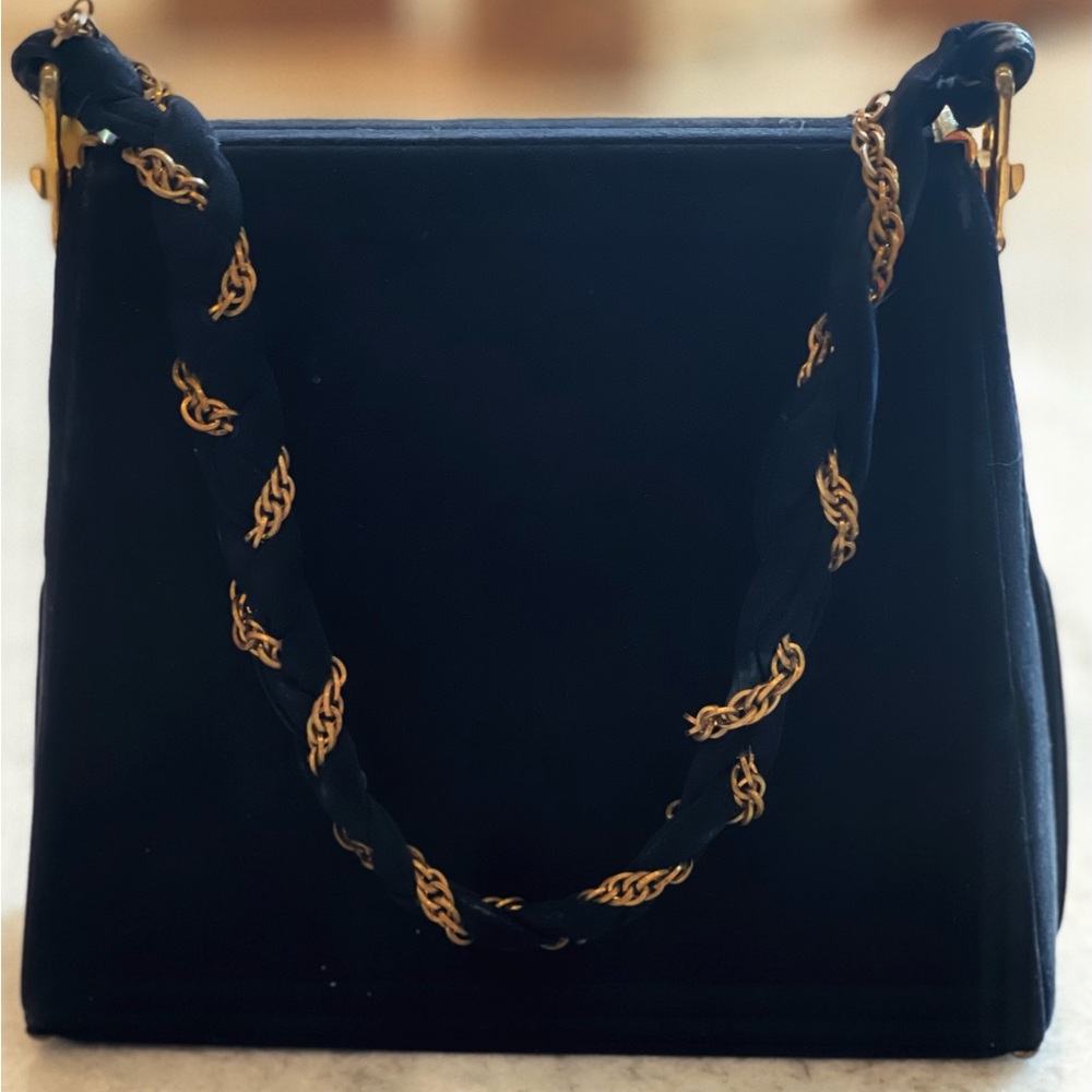 VTG Satchel Black velvety suede Custom Made by Calem Gold Chain Accent Handbag